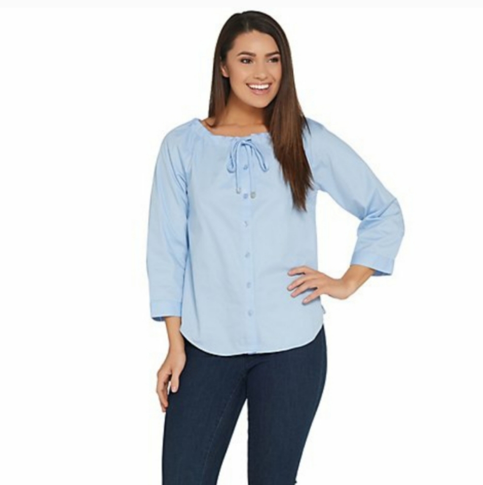 NWT Linea by Louis Dell'Olio Peasant Drawstring Detail Pale Blue Top XL